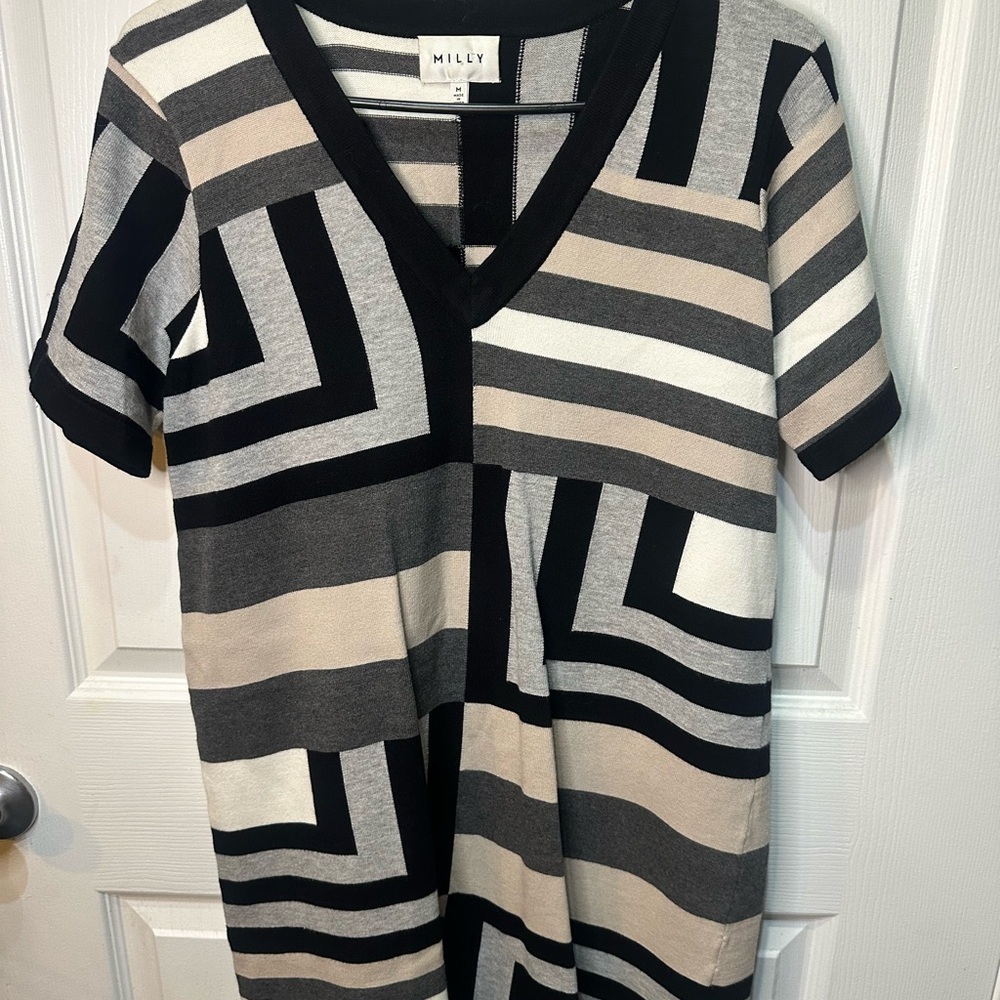 MILLY Geometric Knit Dress Gray/Black/Ivory/White/Beige Short Sleeve Dress SizeM - Picture 3 of 5